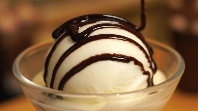 Delicious vanilla ice cream with chocolate syrup being poured on top in a glass bowl.