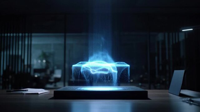 Futuristic holographic display projecting a glowing cube with intricate details, creating a captivating and advanced technology visualization on a desk