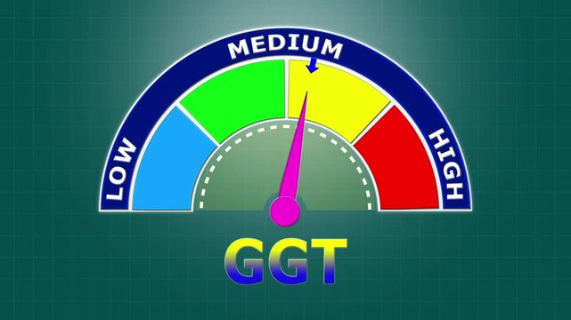 4K Animated GGT (Gamma-Glutamyl Transferase) Level Meter Increasing from Low to High Levels , Assessing Liver Enzyme Activity and Hepatobiliary Health.