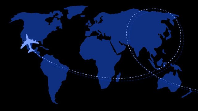 Animation of a plane flying over a world map with a dashed flight path