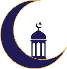 Islamic Crescent Moon with Mosque Lantern Silhouette Icon for Ramadan and Eid