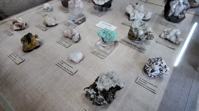Various geological rock formations and natural crystals arranged inside a glass cabinet