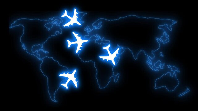 Neon world map with glowing airplanes animation on black background
