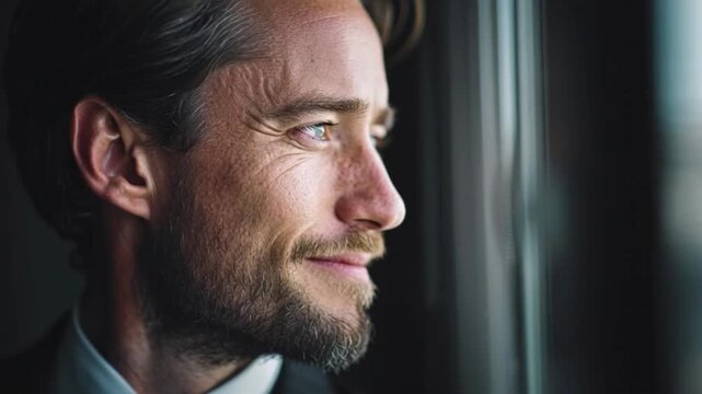 A distinguished professional with a thoughtful gaze and a warm, optimistic smile looks out a window, contemplating his career path and future aspirations with quiet confidence