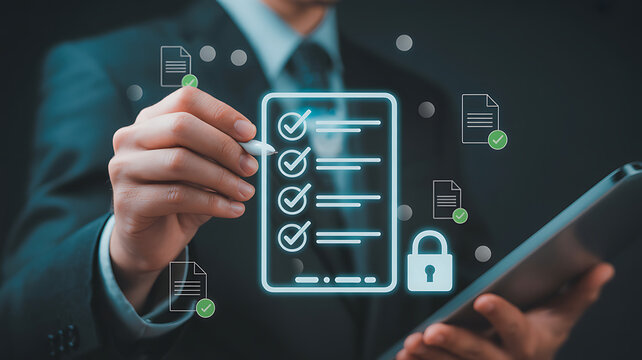Businessman managing digital checklist on tablet with pen securing data compliance and personal privacy documents with padlock icon virtual interface