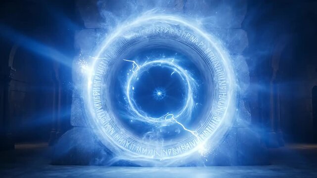 Magical portal with ancient runes glowing blue and swirling with energy
