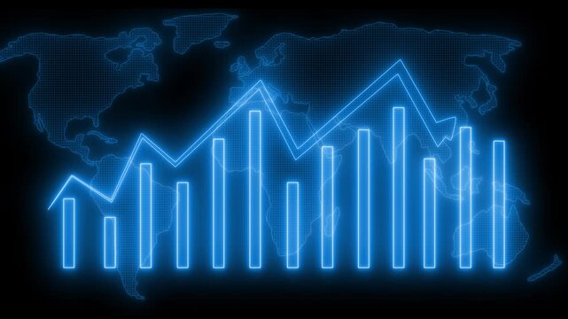 Rising Business Bar Graph with Neon Glow, Global Financial Trends Visualization