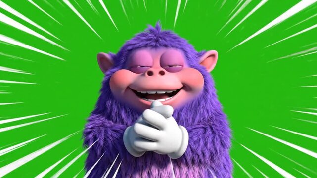 A friendly cartoon creature with purple fur, large eyes, and welcoming white gloves stands against a vibrant green background, radiating cheerfulness