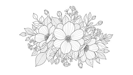 Beautiful and intricate black and white line art illustration of a floral bouquet with detailed flowers, buds, and leaves.
