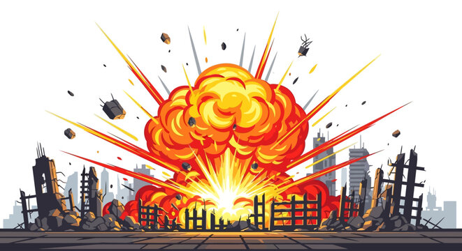 Big bomb explosion with shrapnel and fireball in city near the building, destroyed buildings ruins and concrete, war destruction concept illustration isolated on white background 