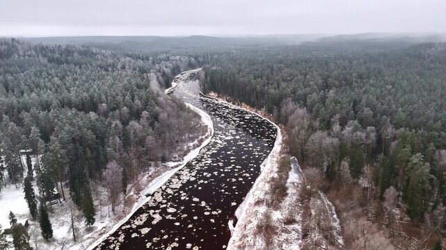 High panoramic aerial view of a winter landscape with a frozen river meandering through the woods.