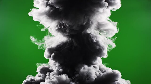 Thick black smoke plume rising on green screen background, dramatic dense ink cloud forming mushroom shape, high contrast studio lighting, realistic vapor texture, slow motion 4K chroma key effect.