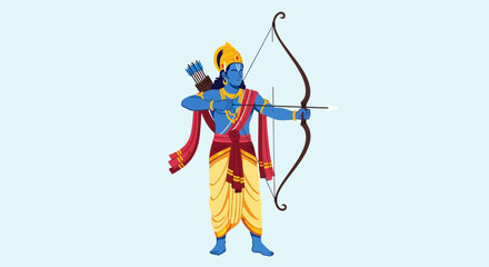 Fototapeta premium illustration of Lord Rama with bow arrow with Hindi text meaning Shree Ram Navami celebration background for religious holiday of India