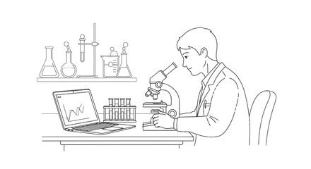 Fototapeta premium A scientist examines a sample through a microscope at a laboratory desk surrounded by various scientific equipment and a laptop displaying data.