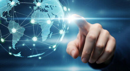 Fototapeta premium A human hand gently touches a vibrant, glowing 3D globe intricately covered with interconnected lines and points, symbolizing global communication, technological reach, and digital unity.
