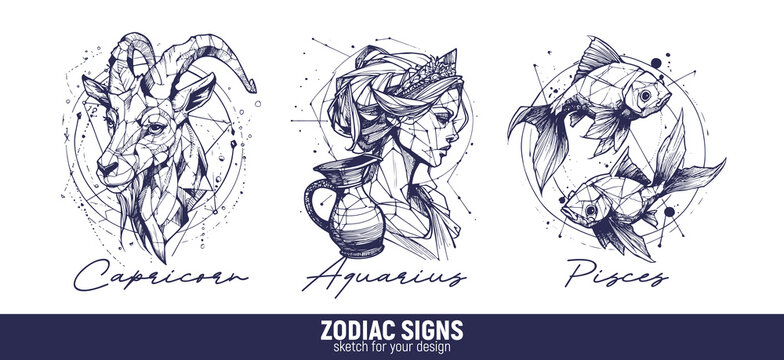 set of vector graphic illustrations of zodiac signs in an abstract geometric sketch style. Capricorn, Aquarius, Pisces. Set 4