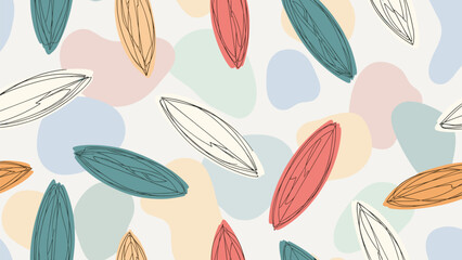 Abstract seamless pattern with colorful, hand-drawn seed or leaf shapes on a background of pastel organic blobs, creating a playful and modern artistic texture.