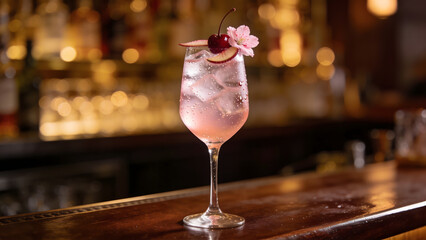 Elegant Sakura Pink Cocktail with Cherry Blossom Garnish in Luxury Bar