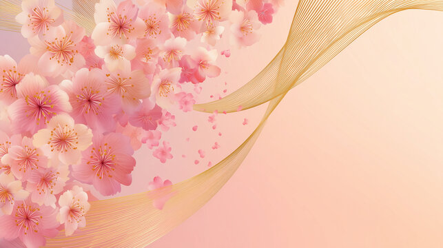 Cherry blossom background with gold wave on beige, copy space