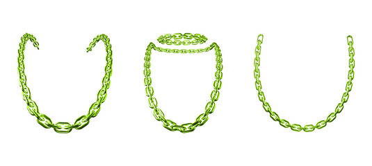 Green metal chain link set of various shapes isolated on transparency background