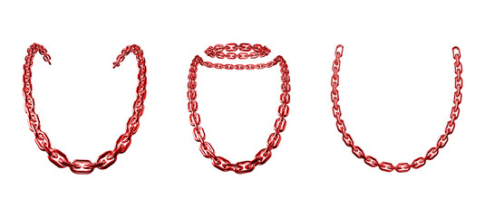 Red metal chain link set of various shapes isolated on transparency background