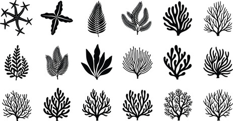 Set of black coral silhouettes and seaweeds for underwater ocean nature marine life aquarium reef garden and exotic tropical island nautical design © Sreemoti