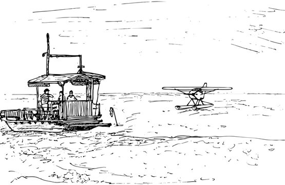 Single-engine seaplane for flights to the Underwater Waterfall in Mauritius, moored near the seashore. Line drawing. Line ink drawing.