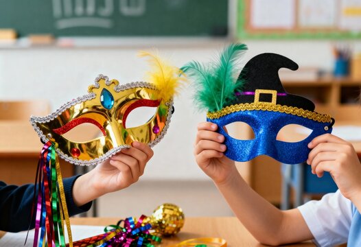 Children holding colorful carnival masks in a classroom. Purim celebration at school with gold and blue masquerade masks. Kids costume party concept