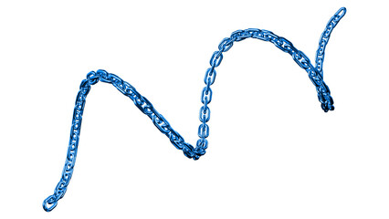 Blue metallic chain flowing in curved line on transparent background