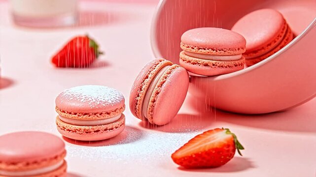 Pink macarons and strawberries on pink surface