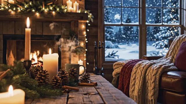 Cozy living room scene bathed in warm twilight by snowy window with candles and fireplace