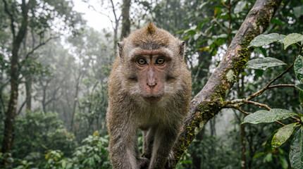 Obraz premium Close-Up Portrait of Monkey on Mossy Tree Branch in Misty Forest