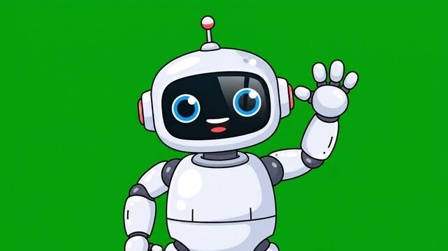 A friendly cartoon robot, with a white body, black screen face and a red-tipped antenna. It's waving and smiling on a green screen