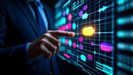Fototapeta premium Business professional touching glowing digital interface with futuristic data analytics and innovation technology concept
