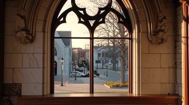 View through a window from a sacred interior toward an ordinary street, symbolizing the boundary between spiritual space and everyday life, capturing contrast between contemplation and the outside wor