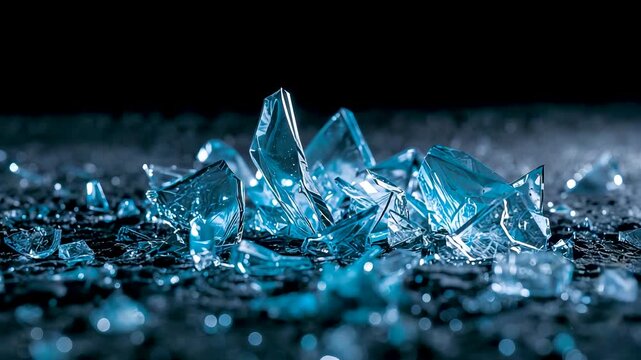 Sparkling blue crystal shards scattered on dark reflective surface sharp glassy fragments glowing cyan turquoise translucent ice pieces dramatic macro texture