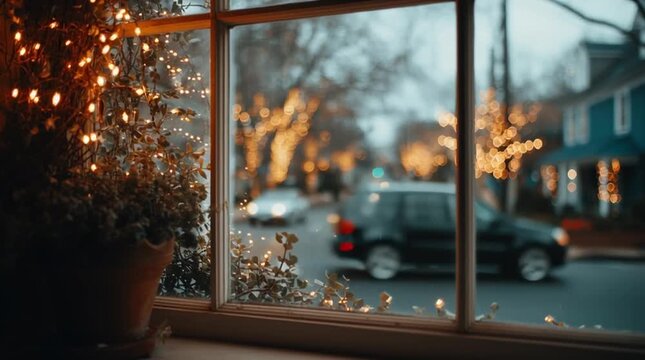 View from a window of a quiet local street decorated with modest holiday lights, creating a cozy neighborhood atmosphere with soft evening glow and simple festive charm.