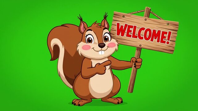 A friendly cartoon squirrel holding a wooden sign that says "WELCOME!" on a bright green background, waving at the viewer