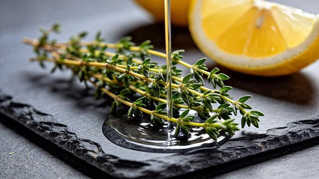 Fresh thyme and lemon on slate