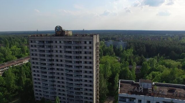 Aerial view of abandoned Pripyat, Ukraine. Decaying buildings, nature reclaims after Chernobyl.