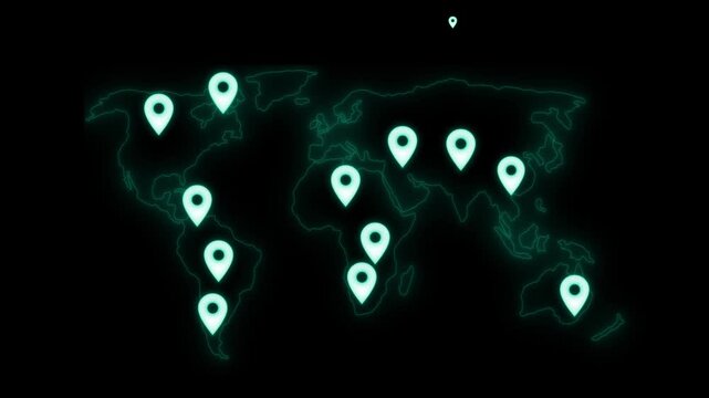 Neon world map with glowing location pins animation on black background