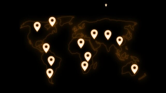 Neon world map with glowing location pins animation on black background