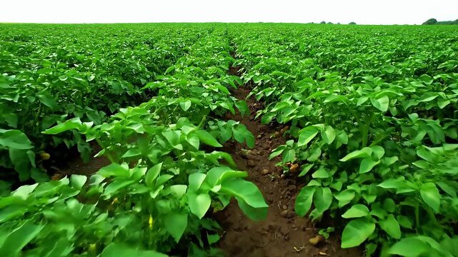 Healthy green potato plants growing in a vast earthy agricultural field