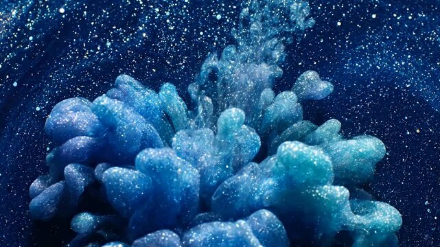 Abstract deep blue cosmic background with shimmering glitter and dark rift