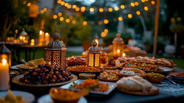 Festive outdoor evening banquet table glowing string lights lanterns candles platters fruits breads dips desserts cozy garden party celebration warm ambiance