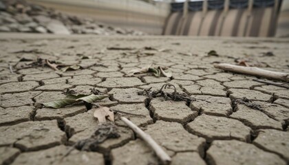 Obraz premium Dry cracked earth with dead leaves scattered around, capturing the harsh effects of drought, from a low angle viewpoint.