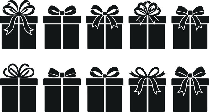 Black gift box icons set isolated on white background, assorted present boxes with ribbon bows, flat silhouette vector collection