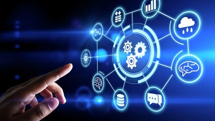 Obraz premium Business hand touching digital innovation network interface with futuristic technology icons and glowing blue circuits for AI and automation