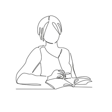 One continuous single drawing line art flat doodle notebook, woman, person, writing, pen, home, lifestyle, table, note, work. Isolated image hand draw contour on a white background; hand drawn; not AI