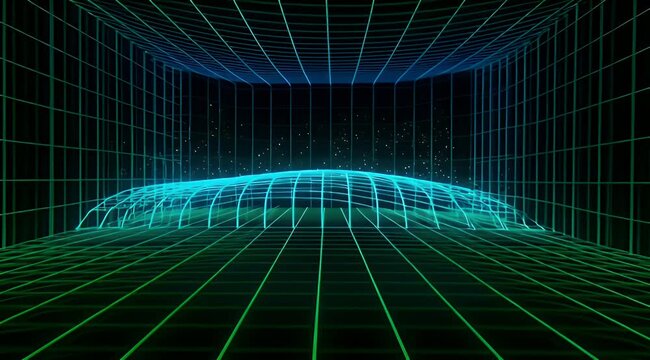 Retro futuristic grid tunnel with gravity well effect and starlit background